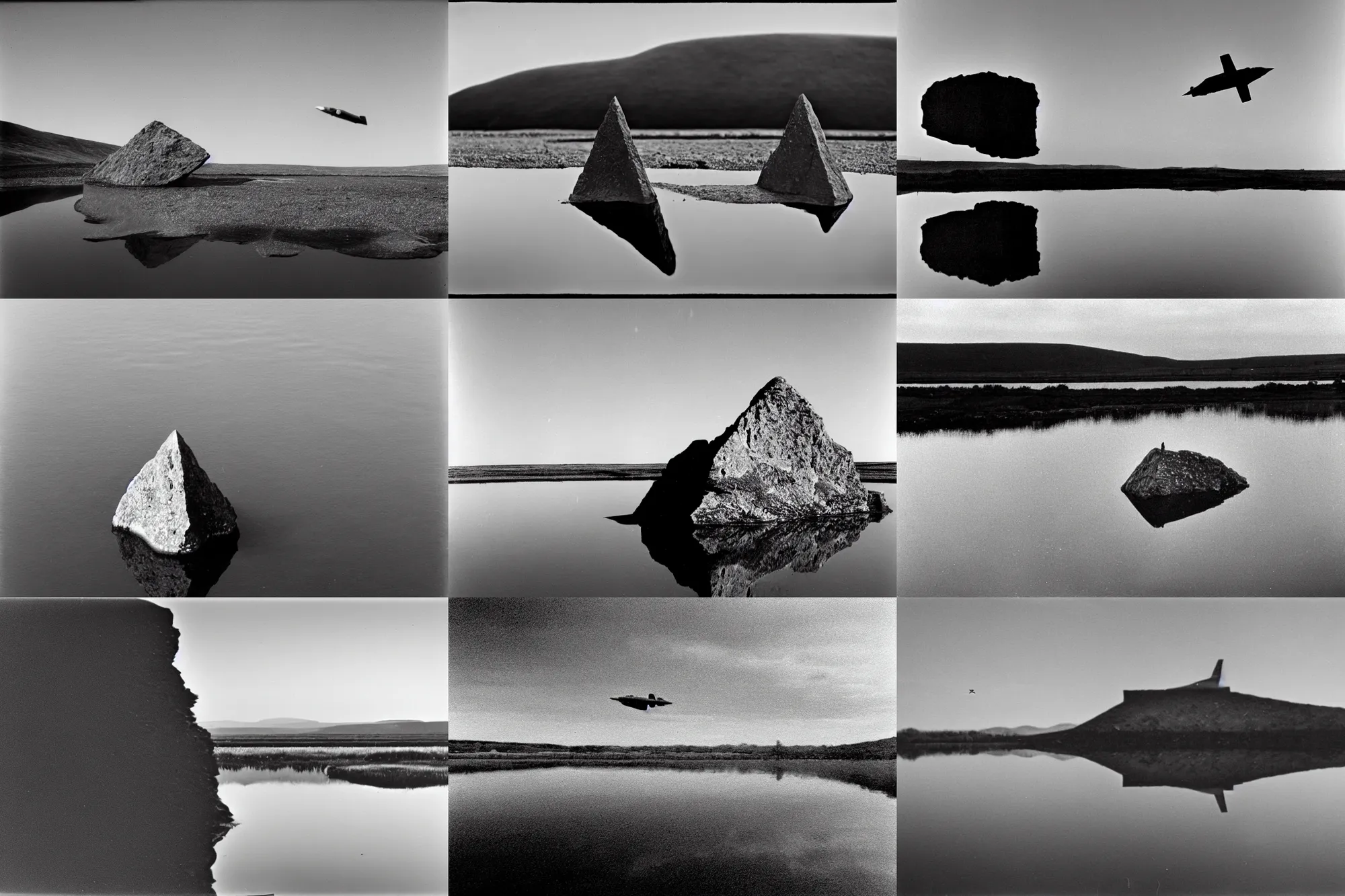 Prompt: declassified photograph of small triangular rock reflecting in still pond with harrier jet flying in background, film grain, 3 5 mm lens, wales, government archive