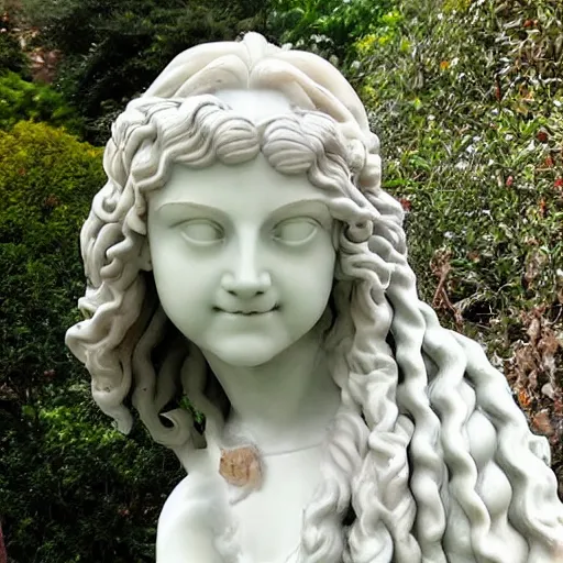 Prompt: statue in a garden, female medusa long hair, marble statue, beautiful delicate face, macro shot head, light realistic water sapphire eyes
