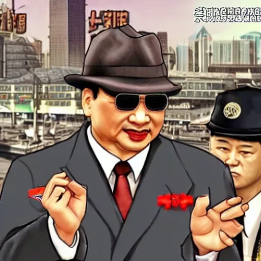 Image similar to xi jinping as a mafia boss in shanghai, grand theft auto style