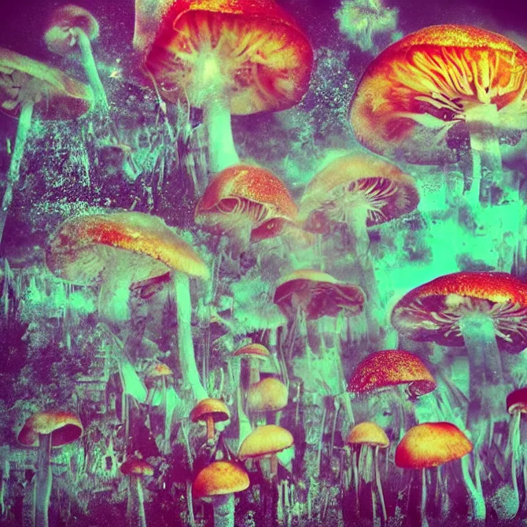 Image similar to double exposure of dally life, symbols of live, explosion, cyber mushroom city, love is the most relevant theme, love is infinity, love is begin of all, 8 k resolution, artistic mode, artistic, trending on instagram, long exposure, love art, serious, fantasy and dreams vibes, mushrooms style and macro style, colorful picture