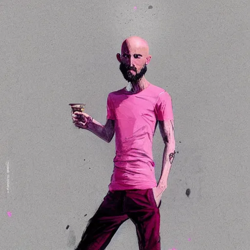 Prompt: bald skinny man in a pink t - shirt and pink pants, digital art, by greg rutkowski