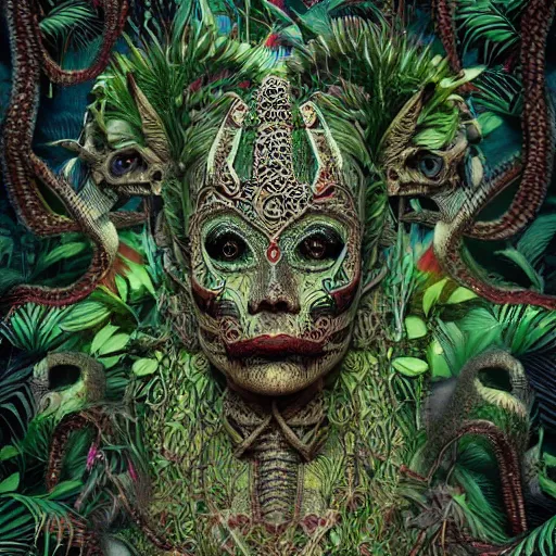 Image similar to mayan supernatural beings, pattern, jungle, intricate entanglement of botanical features, intricate details, octane render, trending on deviantart