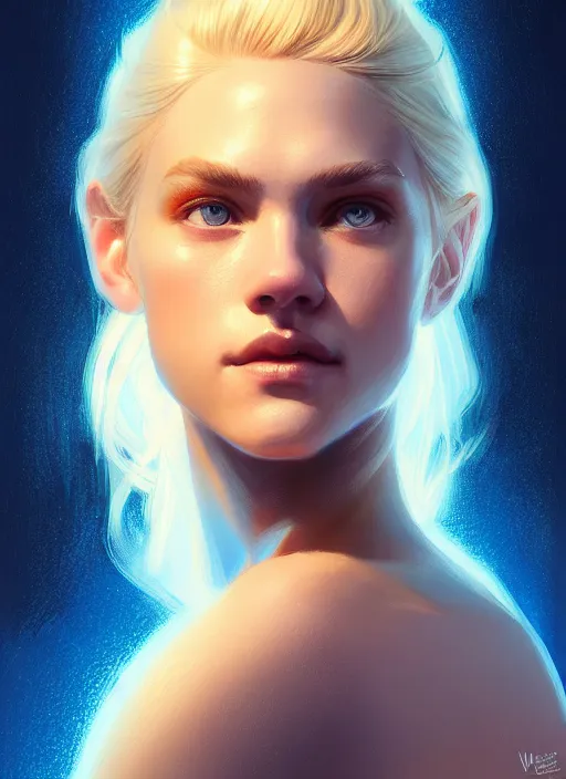 Image similar to portrait of casey cott with blonde hair, blonde hair, blue eyes, intricate, elegant, glowing lights, highly detailed, digital painting, artstation, concept art, smooth, sharp focus, illustration, art by wlop, mars ravelo and greg rutkowski