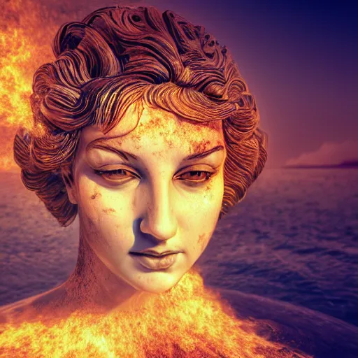 Image similar to sculpture of greek goddess portrait ,drawn in water ,fire,smoke,hyper realistic,photo real, concept art, nebulas trail as she moves highly detailed, hdri, 4k -