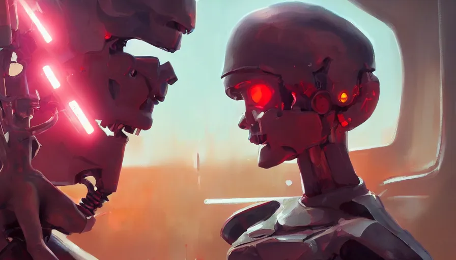 Image similar to concept art of love, death + robots series of netflix, artificial intelligence, cinematic shot, oil painting by jama jurabaev, brush hard, artstation, for aaa game, high quality, brush stroke