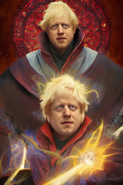 Image similar to Boris Johnson as Dr. Strange, highly detailed character in digital fantasy, painted portrait, artstation, concept art, hard focus, illustrations, works by Artgerm and Greg Rutkowski, Alphonse Mucha and Craig Mullins, James Gene, Andrey Ryabovichev, Mark Simonetti and Peter Morbacher, 16 thousand