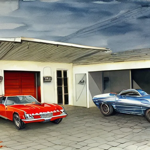 Image similar to detailed details photorealistic pictures of car garage in the style of bob peak and alex ross, gouache and wash paints color, detailed details facial and body and human and environments and proportionate, detailed 5 k details.