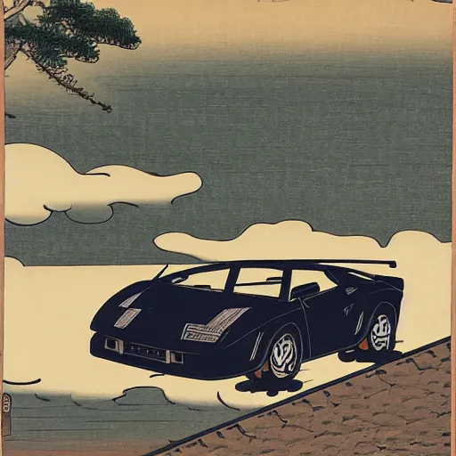 Image similar to ukiyo - e painting of a lamborghini