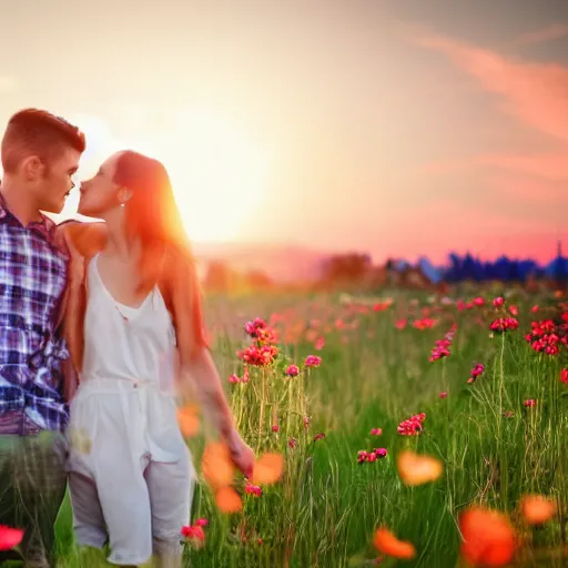 Image similar to a young couple holding hands in a field of flowers at sunset