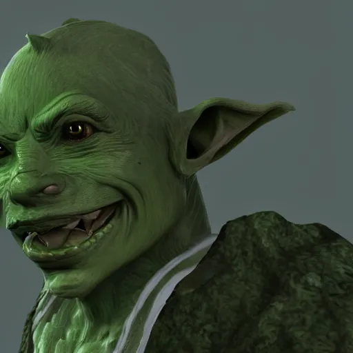 Image similar to medium portrait of a handsome goblin, green skin, ffxiv, final fantasy 1 4 screenshot, octane render, 8 k, fantasy, rule of thirds, sharp focus