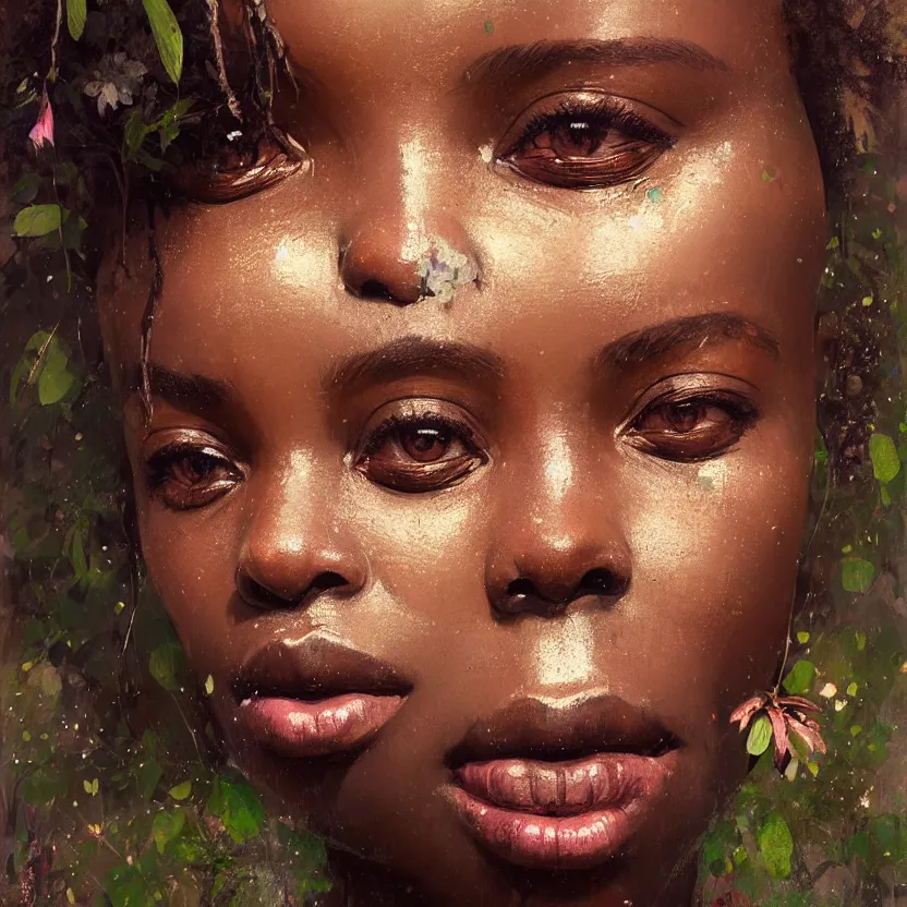 Image similar to detailed portrait of a african woman with beautiful eyes and thick lip forest girl, flowers and trees, by ismail inceoglu dragan bibin hans thoma greg rutkowski alexandros pyromallis nekro rene maritte illustrated, perfect face, fine details, realistic shaded, fine - face, pretty face