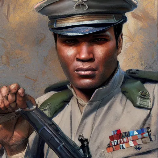 Image similar to Mohammed Ali as a soldier, closeup character art by Donato Giancola, Craig Mullins, digital art, trending on artstation