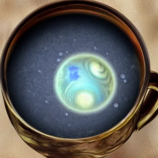 Prompt: a teacup containing a planet Jupiter inside as a boiling liquid, hyper realistic
