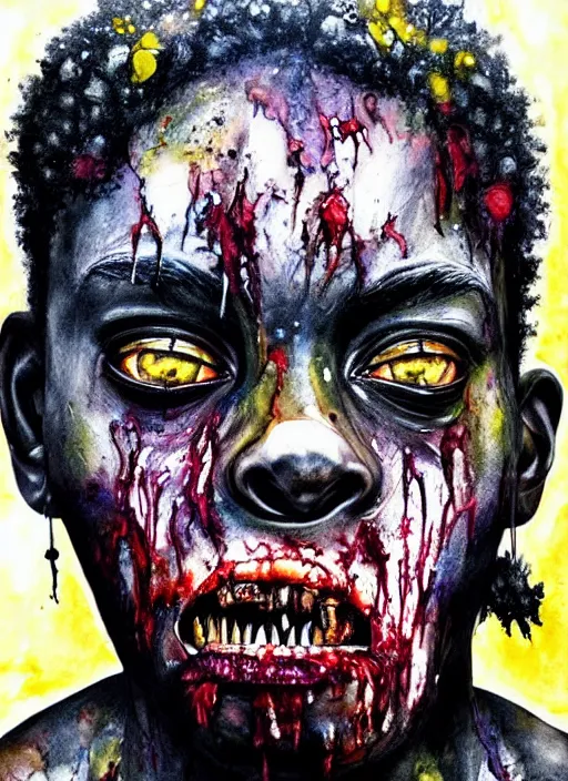 Image similar to african american zombie hollywood artwork professional acting headshot, hyperrealism, intricate detail, studio lighting, charming expression gesicht, hauntingly beautiful zombie, watercolor art, epic, legendary, drawn and painted, colored layers, dulled contrast, exquisite fine art, splatterpaint