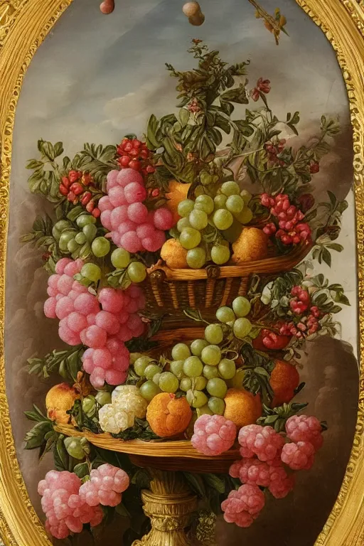 Prompt: a beautiful detailed baroque painting of fruit and flowers in a basket on a fancy tall pedestal, with a window with curtains in the background