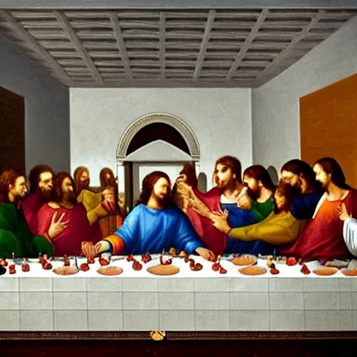 Prompt: a religious icon of elon musk having his last supper with ceos as disciples, oil on canvas by michaelangelo