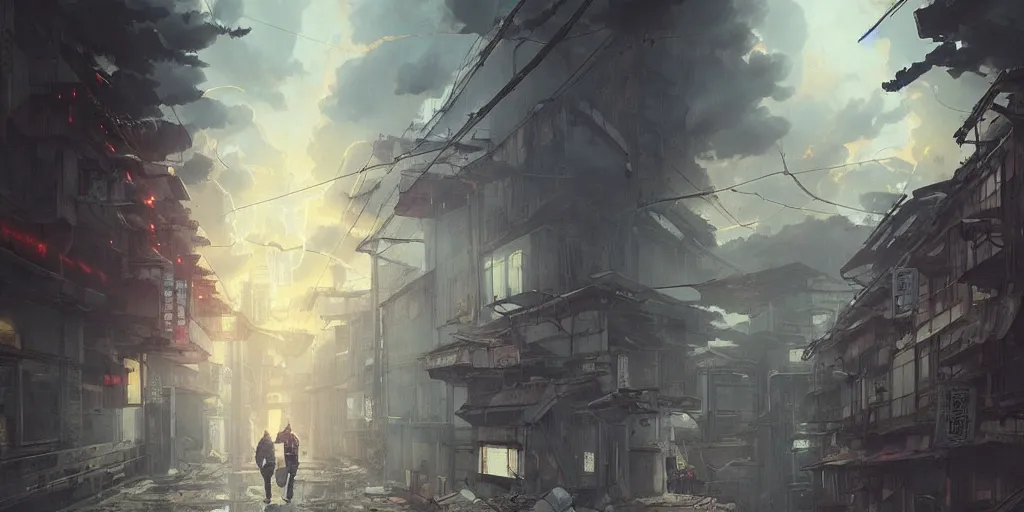 Prompt: A daemon bursts through the floor of an urban japanese street, there is an apocalyptic electrical storm in the sky, Greg Rutkowski and Studio Ghibli