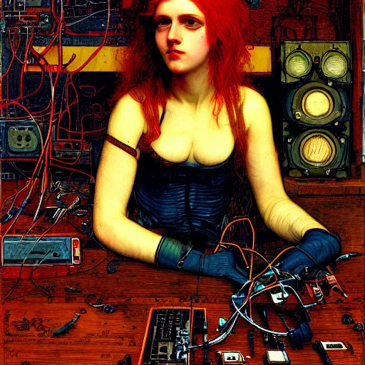 Prompt: redhead female cyberpunk, dreamin, wires cables skulls, machines, in the style of john william waterhouse, kilian eng, rosetti, john everett millais, william holman hunt, 4 k photo autochrome