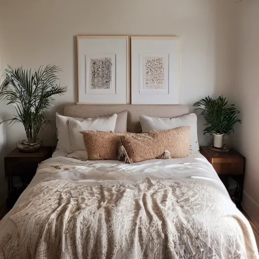 Prompt: a modest cozy bedroom during golden hours