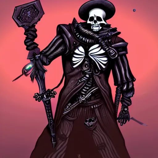 Prompt: skeleton space pirate holding a vibrosword, epic fantasy character art