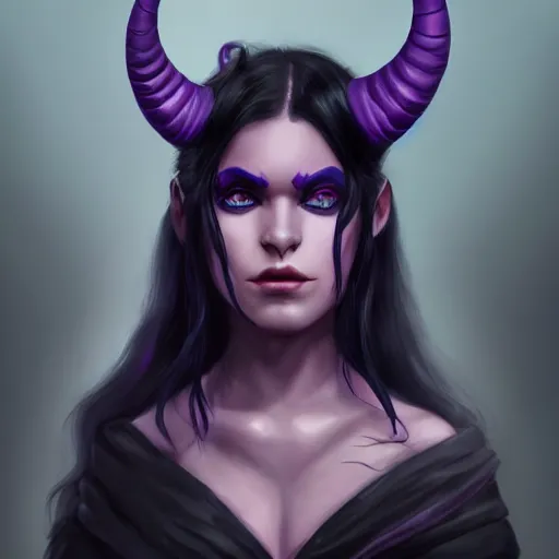 Prompt: a portrait of a tiefling with purple skin and black hair, black horns, blue eyes, stunning digital painting trending on artstation