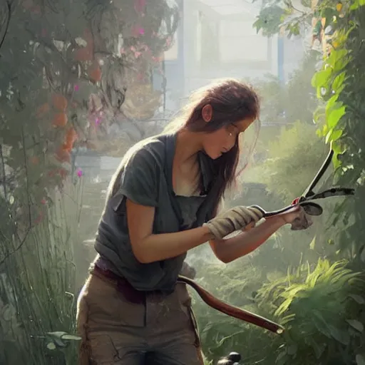 Image similar to girl is working in garden with pruning shears, artstation greg rutkowski, cinematic