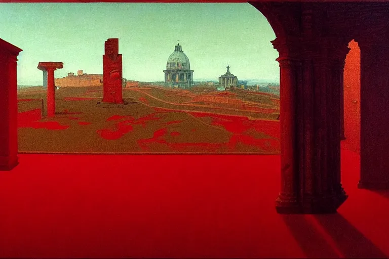 Image similar to only with red, caesar after war, a red tiger, in hoc signo vinces, rome in background, an ancient path, in the style of beksinski, part by hopper, part by rodcenko, part by hofbauer, intricate composition, red by caravaggio, insanely quality, highly detailed, masterpiece, red light, artstation