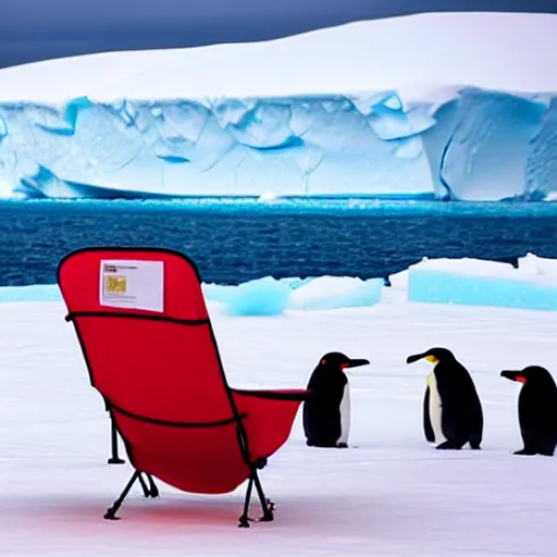 Image similar to a red camping chair in the middle of antarctica. the chair is 3 0 meters away from the camera and the chair is surrounded by a group of penguins.