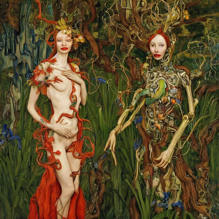 Image similar to a grinning dryad girl, who looks like a cybernetic alien stands pround in the middle of a river valley. around her are tropical birds and orchids and she is wearing an iris van herpen dress. painted by jan van eyck, egon schiele and max ernst, trending on artstation, 8 k, award winning, high octane