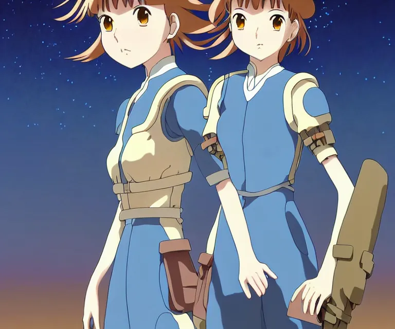 Prompt: anime art full body portrait character nausicaa by hayao miyazaki concept art, anime key visual of elegant young female, short brown hair and large eyes, finely detailed perfect face delicate features directed gaze, valley of the wind and mountains background, trending on pixiv fanbox, studio ghibli, extremely high quality artwork by kushart krenz cute sparkling eyes scenery