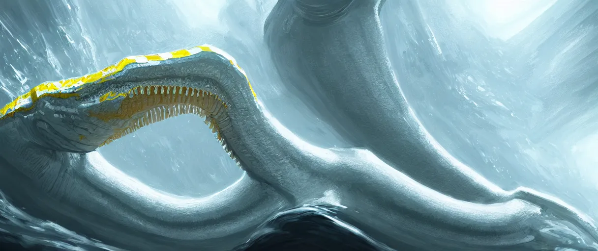 Image similar to hyperrealistic very intricate pearlescent white leviathan swallowing the earth digital painting concept art james white! cinematic soft glow yellow lighting low angle hd 8k sharp shallow depth of field