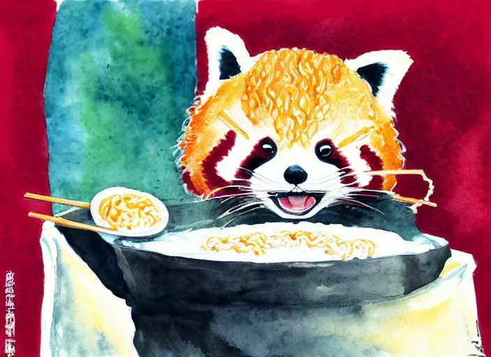 Prompt: red panda eating ramen noodles, water color illustration, by miyazaki