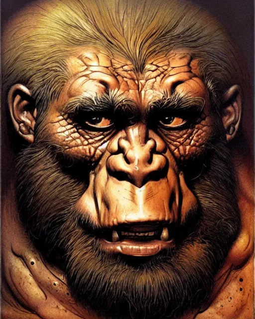 Image similar to neanderthal read science book about him, heavey metal magazine cover, character portrait, portrait, close up, concept art, intricate details, highly detailed, in the style of frank frazetta, esteban maroto, richard corben, pepe moreno, matt howarth, stefano tamburini, tanino liberatore, luis royo and alex ebel