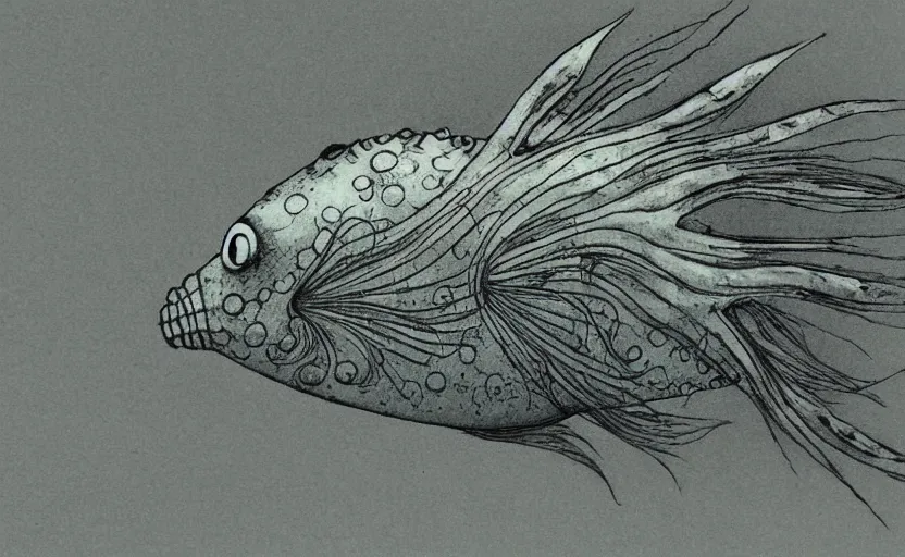 Prompt: creepy fish by shaun tan, side view, style of yoshitaka amano john kenn mortensen takato yamamoto junji ito gediminas pranckevicius