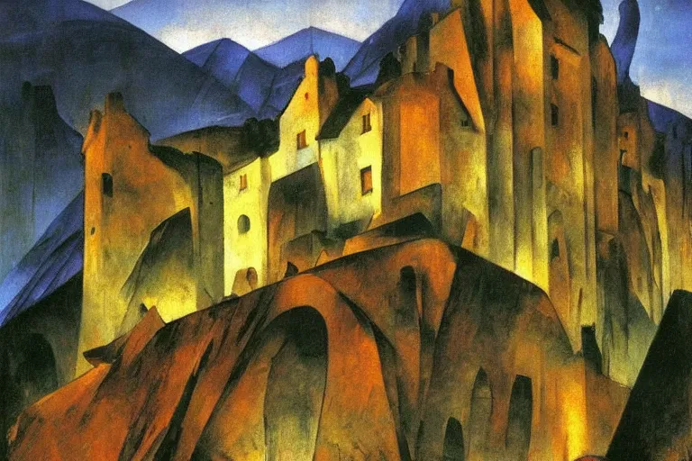 Prompt: a village of stone buildings built on the side of a hill, glowing with silver light, painting by Franz Marc, by Jean-Léon Gérôme, by Winsor McCay, today's featured photograph, 16K