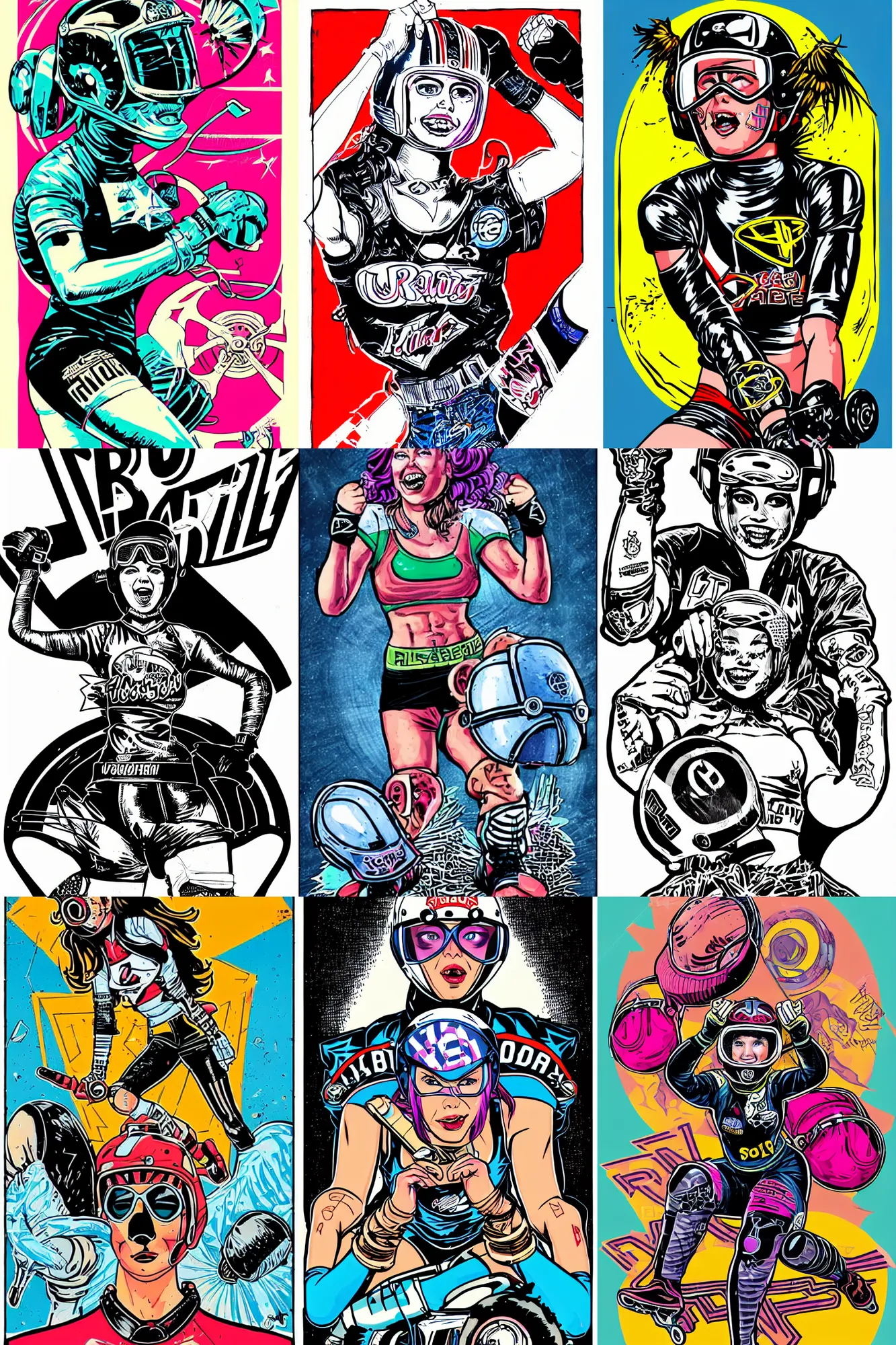 Prompt: roller derby girl portrait, logo, wearing helmet, wearing knee and elbow pads, showing victory, Philippe Caza