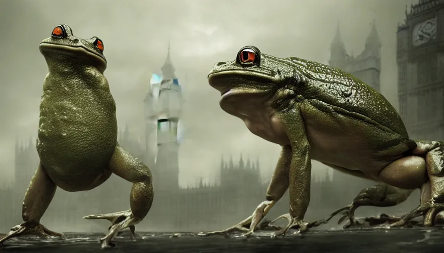 Image similar to Giant frog in London, hyperdetailed, artstation, cgsociety, 8k