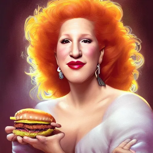 Prompt: portrait of bette midler eating hamburgers, extra onions and ketchup, luscious patty with sesame seeds, feminine ethereal, handsome, d & d, fantasy, intricate, elegant, highly detailed, digital painting, artstation, concept art, matte, sharp focus, illustration, art by artgerm and greg rutkowski and alphonse mucha