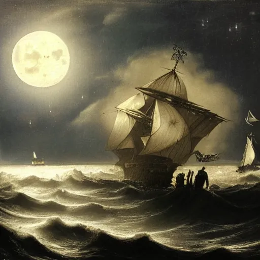 Image similar to moonlit ocean, stars in sky, pirate ship flying in the sky by peter balke