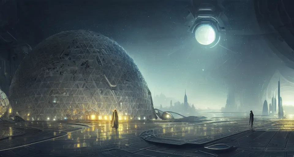 Image similar to cinematic shot, futuristic city on the moon inside a giant geodesic dome, utopian, night, stars, digital painting, artstation, concept art, smooth, sharp focus, illustration, intricate, elegant, highly detailed, in the style of greg rutkowski and alphonse mucha and artemisia, 8 k, highly detailed, jurgens, rutkowski