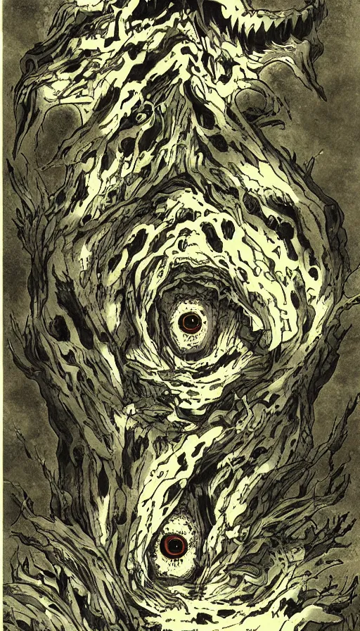 Prompt: a storm vortex made of many demonic eyes and teeth over a forest, by gainax co,