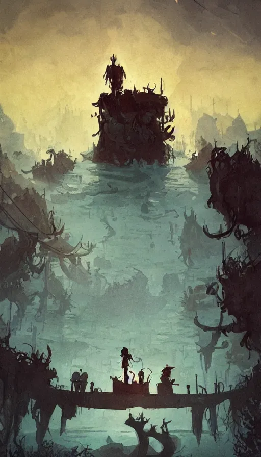 Image similar to man on boat crossing a body of water in hell with creatures in the water, sea of souls, by ian mcque