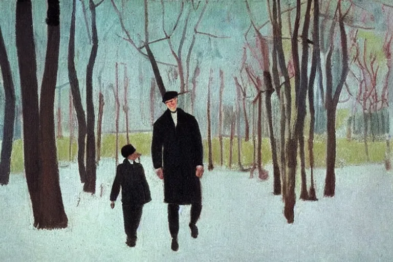 Image similar to a very tall man with dark hair holding the hands of a short young boy as they walk in a park on a bright beautiful winter day. part in the style of an edgar degas painting. part in the style of david hockney