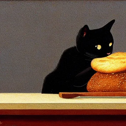 Image similar to black cat licking bread on a table, by Quint Buchholz