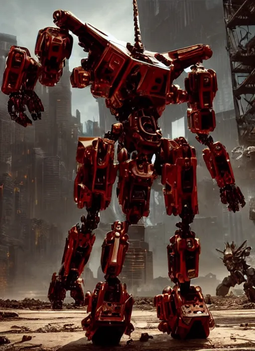 Image similar to a shiny ornate boxing humanoid mecha in ruin city, victory, bright, by war robots, real steel ( 2 0 1 1 ), westworld and eve venture and pacific rim and machine warrior 5, cryengine, frostbite 3 engine, scarlet and yellow scheme, sharp focus, 8 k, high definition, insanely detailed, soft lighting, smooth face