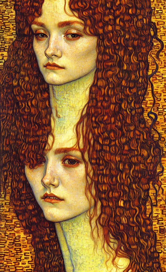 Image similar to detailed realistic beautiful young medieval queen face portrait by jean delville, gustav klimt and vincent van gogh, art nouveau, symbolist, visionary, gothic, pre - raphaelite, muted earthy colors, desaturated