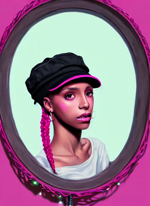 Image similar to portrait of teenage vanessa morgan with bright pink hair, black girl, vanessa morgan, curly pixie cut hair, wearing newsboy cap, newsboy cap, hoop earrings, intricate, elegant, glowing lights, highly detailed, digital painting, artstation, concept art, smooth, sharp focus, illustration, art by wlop, mars ravelo and greg rutkowski