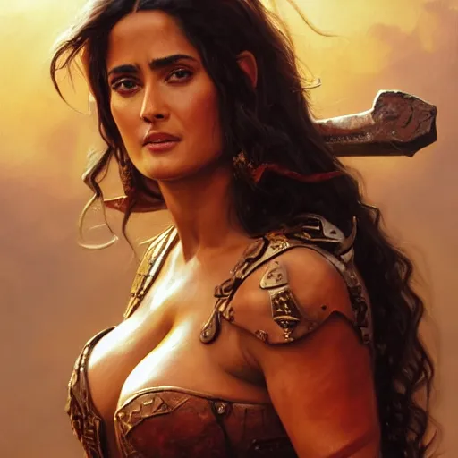 Image similar to a portrait of Salma Hayek as a barbarian, detailed, centered, digital painting, artstation, concept art, donato giancola, Joseph Christian Leyendecker, WLOP, Boris Vallejo, Breathtaking, 8k resolution, extremely detailed, beautiful, establishing shot, artistic, hyperrealistic, beautiful face, octane render