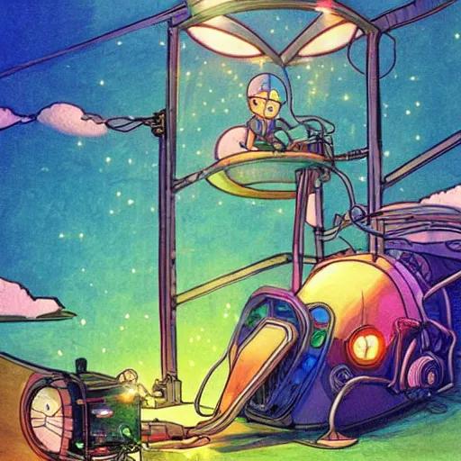 Image similar to a dream machine conncted to a boy with a helmet and electric cable with colorfull rays of light illuminate the environment by vanessa morales, studio ghibli,