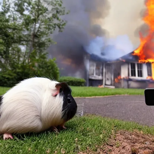 Image similar to a Guinea pig taking a selfie in front of a burning house